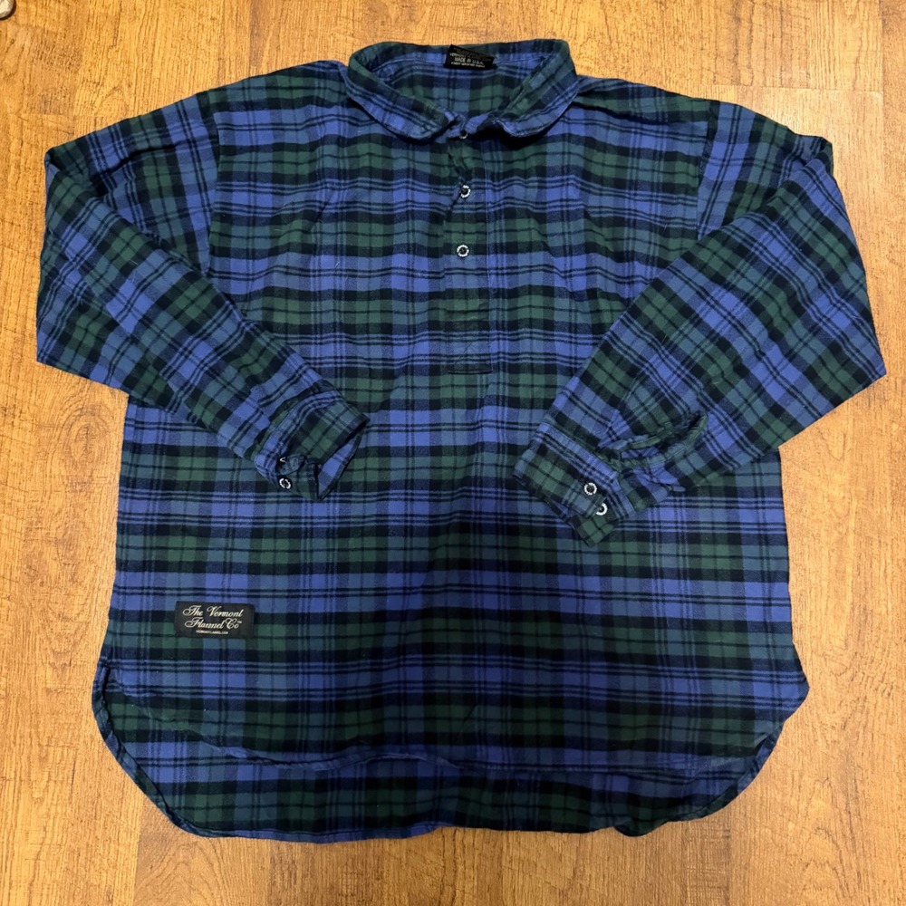 The Vermont Flannel Co Flannel Mens L Blue Plaid Henley Pullover Made In USA